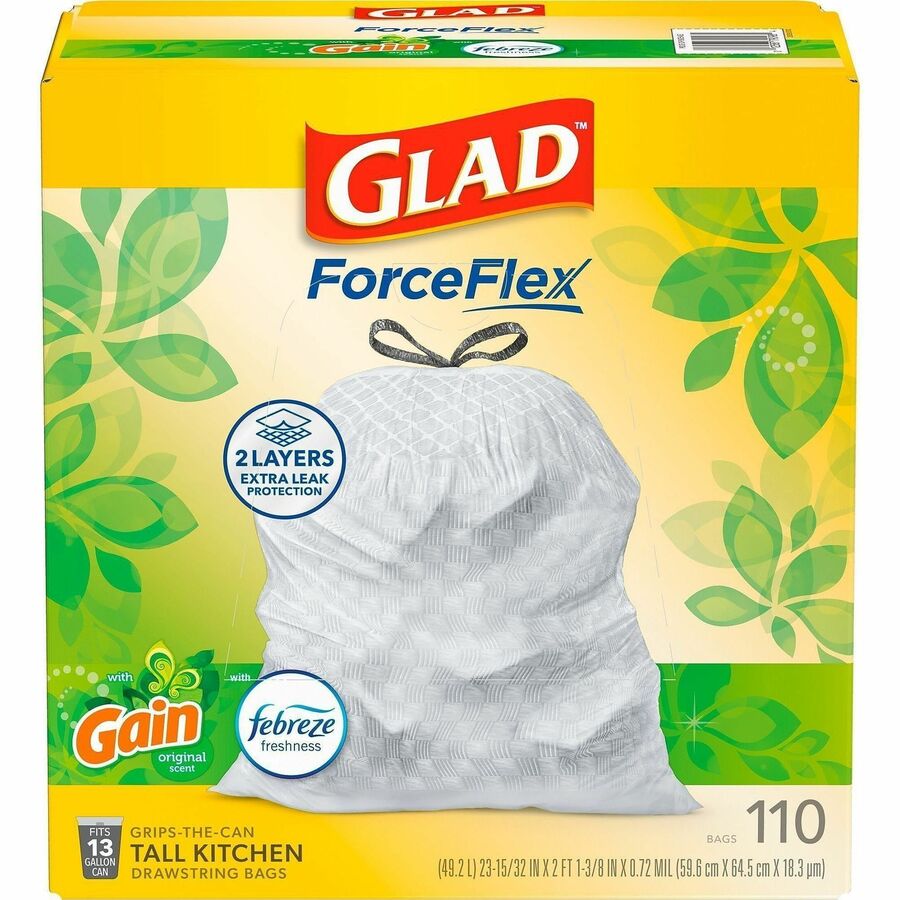 Glad ForceFlex Tall Kitchen Drawstring Trash Bags - Gain Original with Febreze Freshness - 13 gal Capacity - 33.75 ft Length x 25.38 ft Width x 0.72 mil (18 Micron) Thickness - Drawstring Closure - White - Home, Office, Kitchen, Breakroom - 1 Box
