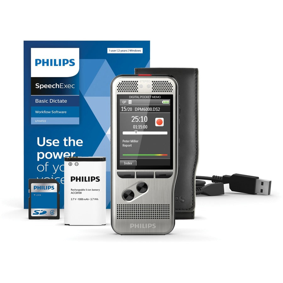 Philips Pocket Memo Voice Recorder (DPM6000) - Omni-directional Microphone - microSD, microSDHC Supported - DSS, MP3, WAV - Standard Play, Quality Play - USB - Headphone - Portable