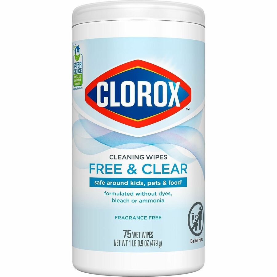 Clorox Free & Clear Cleaning Wipes - 4.25" Length x 4.25" Width - Fragrance-free, Dye-free, Residue-free, Durable - White - 75/Tub - 1 Each
