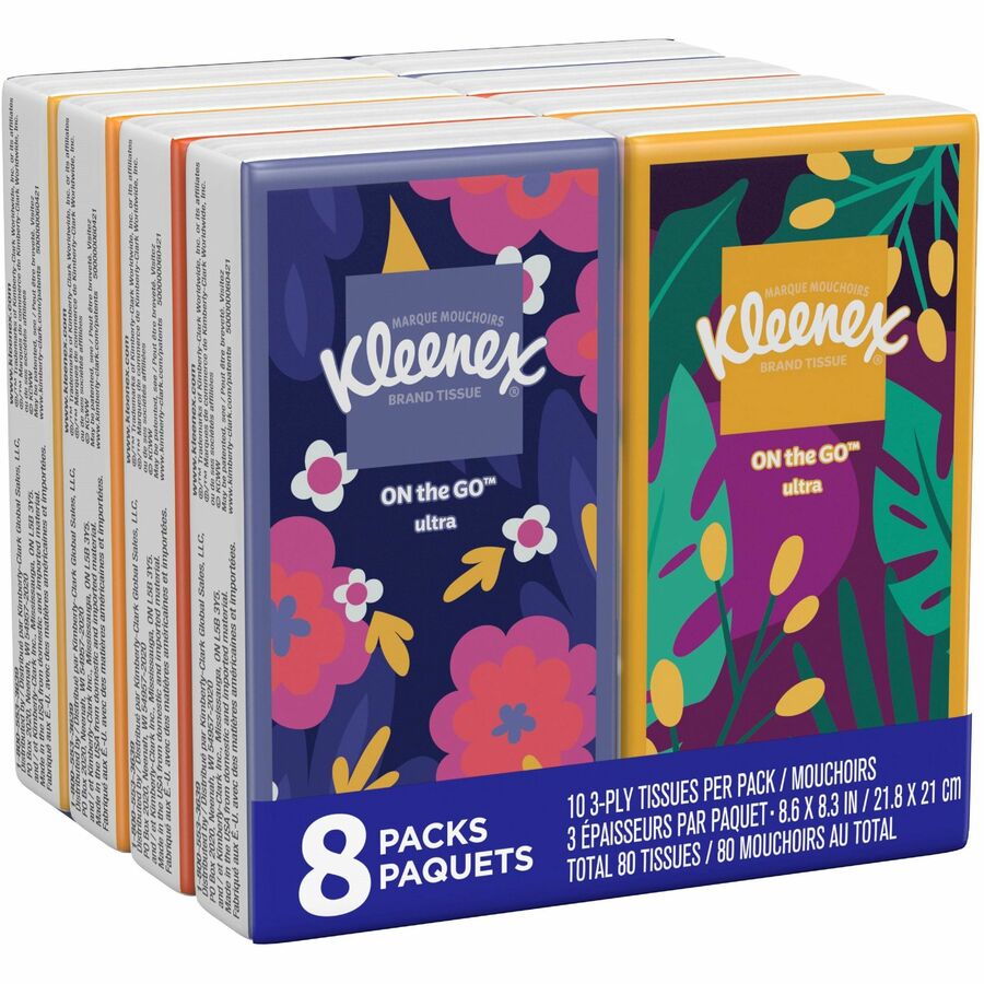 Kleenex Go Packs Facial Tissues - 3 Ply - 8.60" Width x 8.30" Length - White - 10/Pouch - 8 / Pack