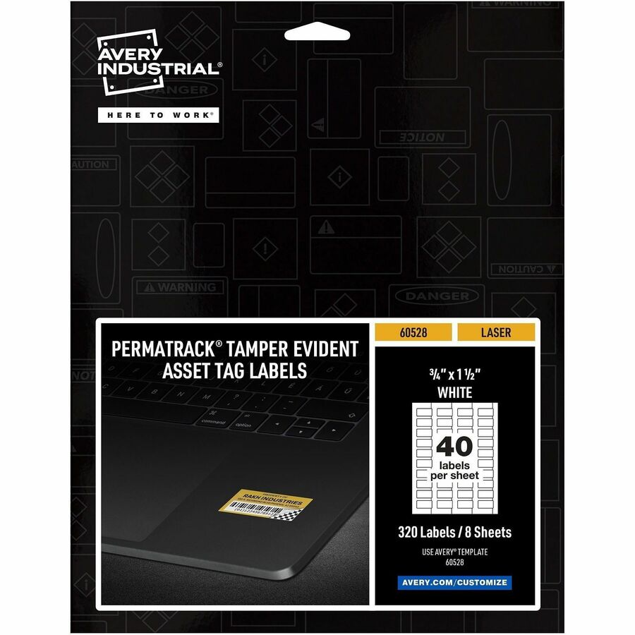 Avery®, PermaTrack Tamper-Evident Asset Tag Labels, 3/4" x 1-1/2" , 320 Asset Tags - Waterproof - 3/4" Widthss x 1 1/2" Length - Permanent Adhesive - Rectangle - Laser - White - Film - 40 / Sheet - 40 Total Sheets - 320 Total Label(s) - 320/Pack - 1...