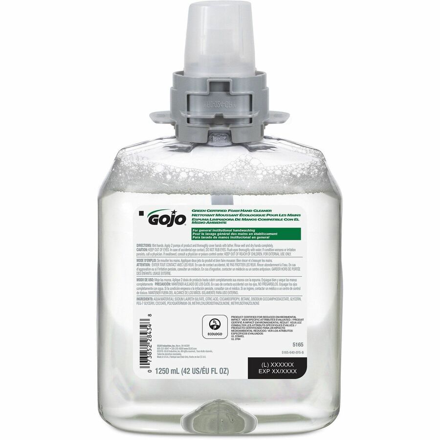 Gojo®, FMX-12 Refill Green Certified Foam Hand Soap - 1.32 quart - Hand - Clear - Fragrance-free, Rich Lather, Antibacterial-free, Triclosan-free, Paraben-free, Phthalate-free, Bio-based - 1 Each