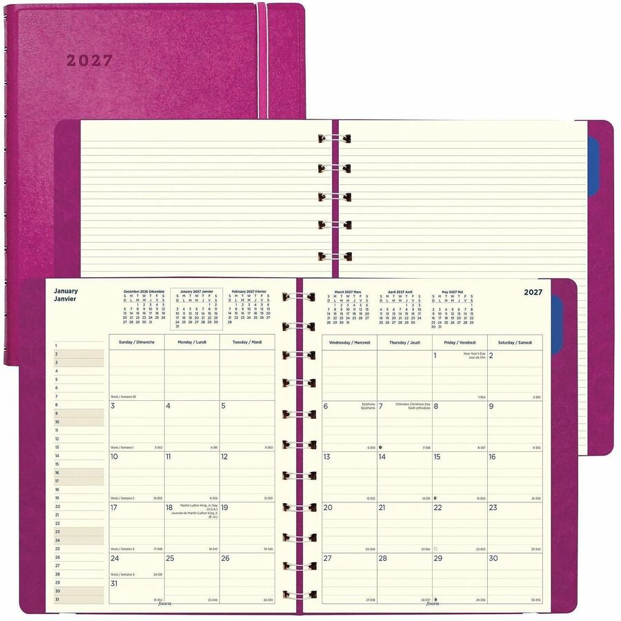 Filofax Monthly Planner - Bilingual - Monthly - 17 Month - August 2026 to December 2026 - 1 Month Double Page Layout - Cream Sheet - Twin Wire - Elastic - White - Paper - Fuchsia Leatherette Cover - 1 Each