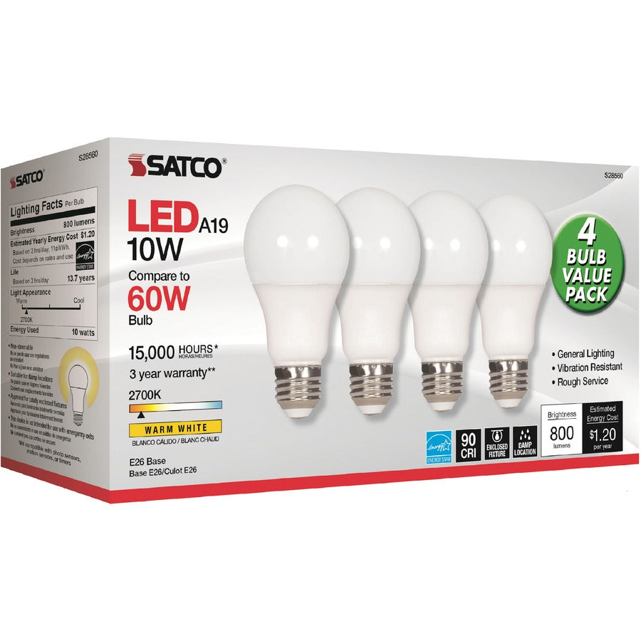Satco 10W A19 LED 2700K Frosted Bulbs - 10 W - 60 W Incandescent Equivalent Wattage - 120 V AC - 800 lm - A19 Size - Warm White Light Color - E26 Base - 15000 Hour - 2700°, K Color Temperature - 93 CRI - 220°, Beam Angle - 4 / Pack