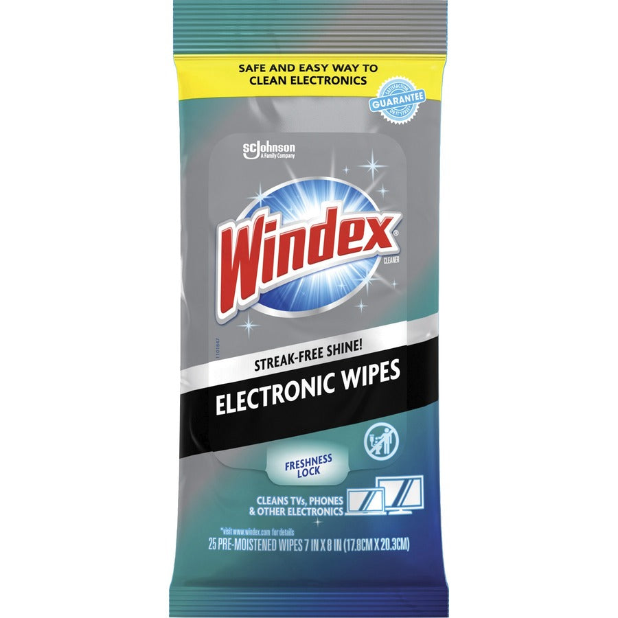 Windex®, Electronic Wipes - For Multipurpose, Multi Surface - Non-drip, Ammonia-free, Pre-moistened, Streak-free, Residue-free, Damage Resistant - White - 25/Packet - 12 / Carton