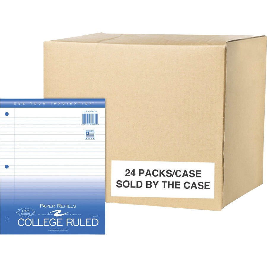 Roaring Spring College Ruled Filler Paper - 130 Sheets - 260 Pages - Printed - Ring - Both Side Ruling Surface - College Ruled Front Ruling - Red Margin - 3 Hole(s) - 15 lb Basis Weight - 56 g/m², Grammage - Letter - 8 1/2" x 11" Sheet Size - 0.40"...