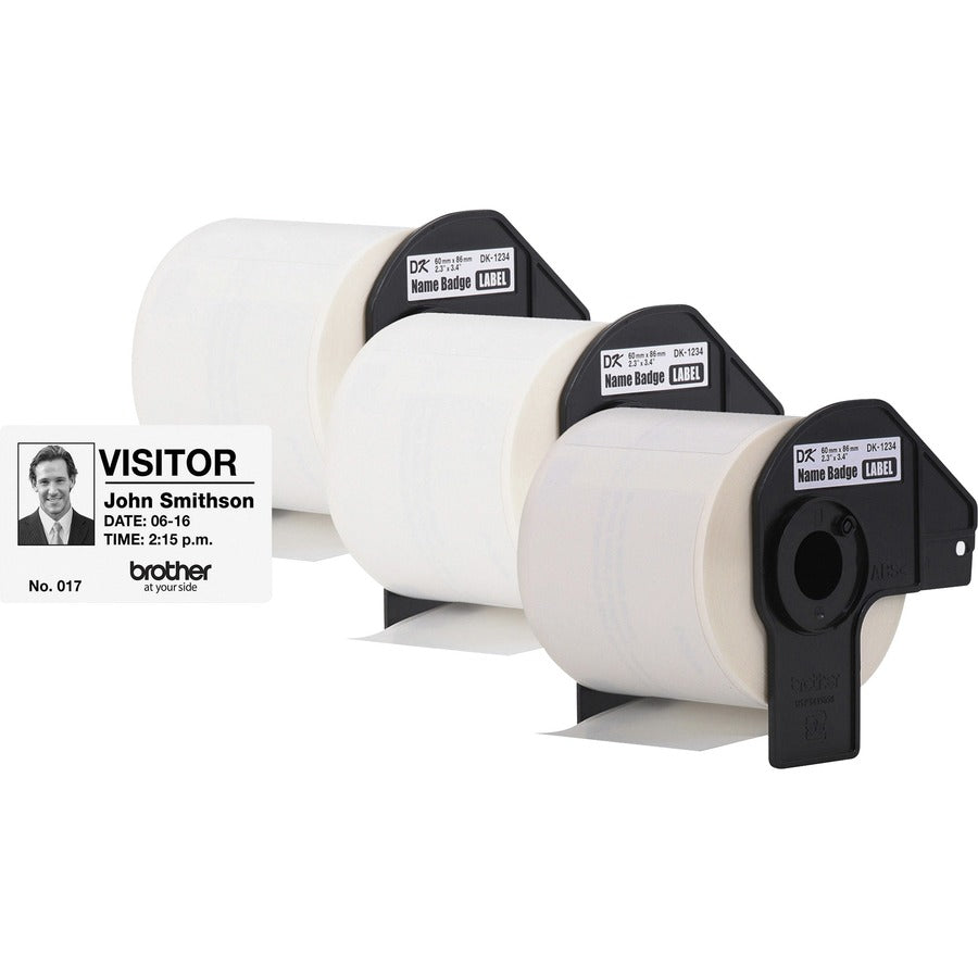 Brother DK Name Badge Label - 3 2/5" Width x 2 19/64" Length - Rectangle - Thermal - White - Paper - 260 / Roll - 3 / Box