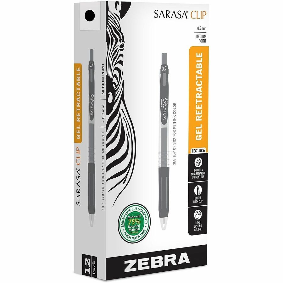 Zebra Pen SARASA Clip Retractable Gel Pen - Retractable - Black Ink - Water Based, Pigment-based, Gel-based - 1 Dozen
