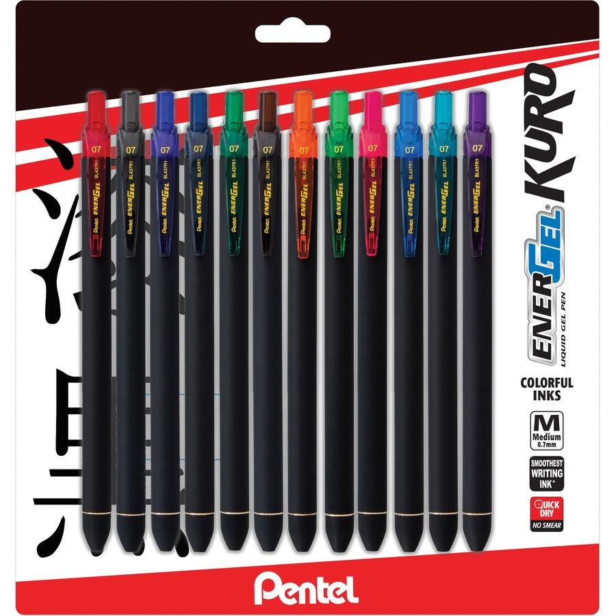 EnerGel Kuro Liquid Gel Retractable Pens - Retractable - Assorted Ink - Liquid Gel Ink - Rubberized Barrel - 12 / Pack
