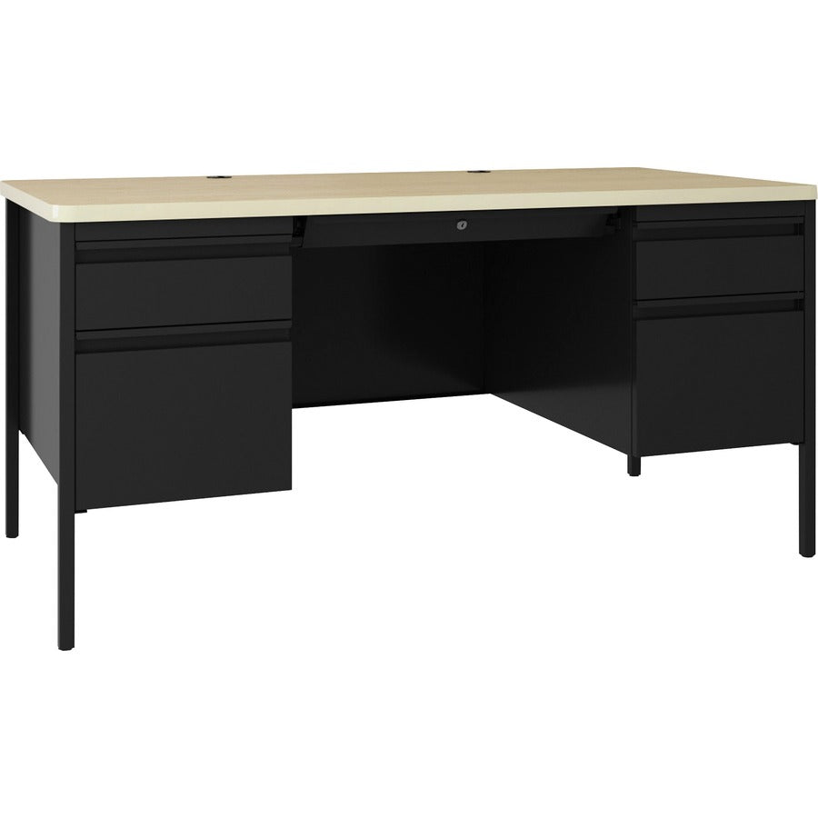 Lorell Fortress Series Double-Pedestal Teachers Desk - 30" Height x 60" Width x 29.5" Depth, 0.7" Height Modesty Panel - Double Pedestal - T-mold Edge - Material: Steel - Finish: Maple, Black - 1 Each