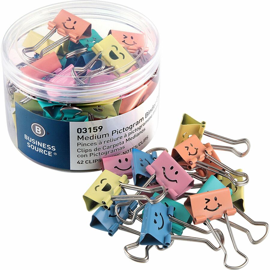 Business Source Smiling Face Binder Clips - Medium - for Paper, Office, Classroom - Sturdy - Assorted - 42 / Tub
