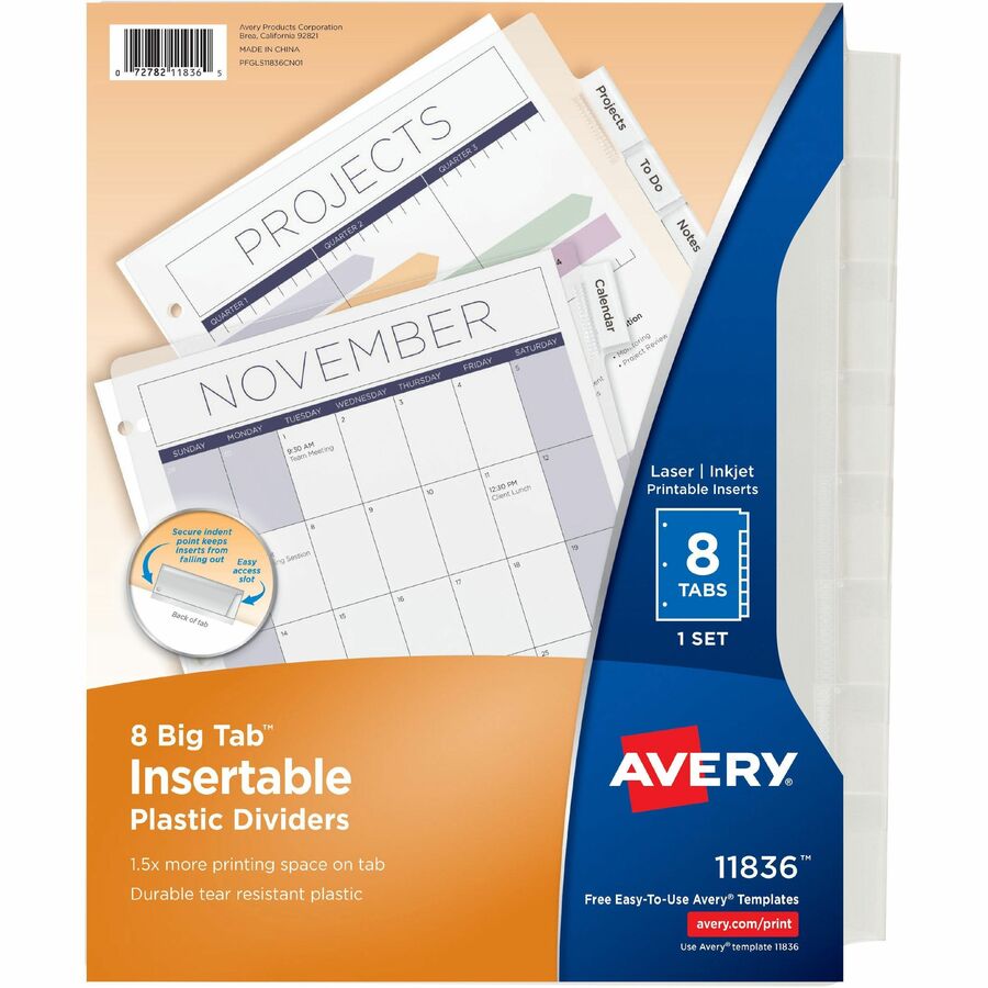 Avery®, Big Tab Insertable Plastic Dividers - 8 x Divider(s) - 8 - 8 Tab(s)/Set - 8.9" Divider Width x 11" Divider Length - 3 Hole Punched - Clear Plastic Divider - Clear Plastic Tab(s) - 1 Set
