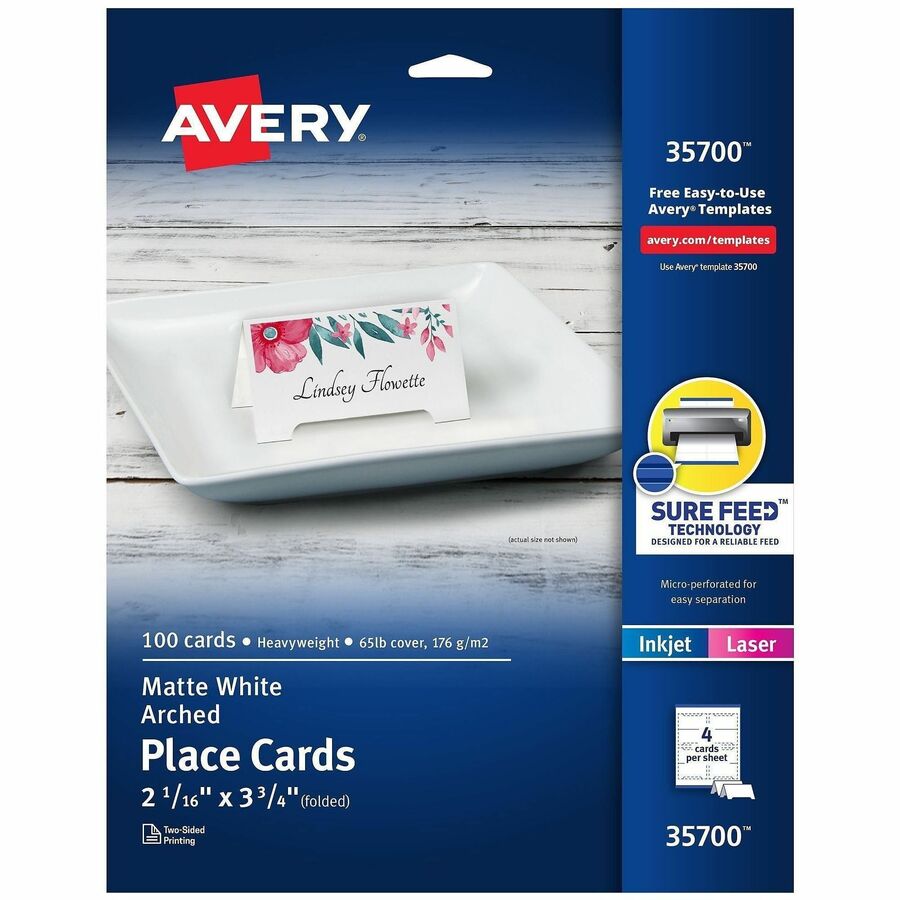 Avery®, Sure Feed Arched Tent Cards - 97 Brightness - Letter - 8 1/2" x 11" - 65 lb Basis Weight - 176 g/m², Grammage - Matte - Printable, Scratch Proof, Die-cut, Perforated, Print-to-the-edge, Pre-scored, Smooth Edge, Foldable, Sturdy, Jam-free...