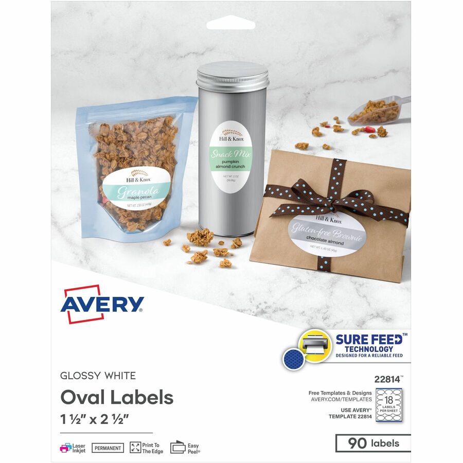 Avery®, Sure Feed Printable Glossy White Labels - Waterproof - 1 1/2" Widthss x 2 1/2" Length - Permanent Adhesive - Oval - Inkjet, Laser - Glossy White - White - Paper - 18 / Sheet - 18 Total Sheets - 90 Total Label(s) - 90/Pack - 1 Carton