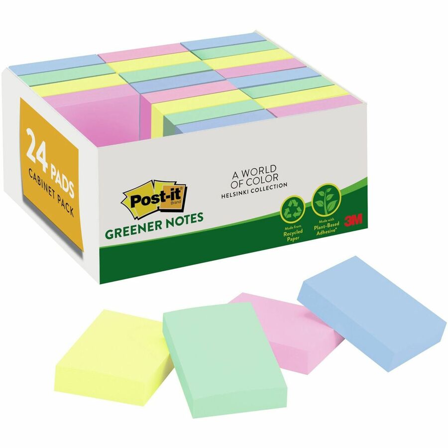 Post-it®, Greener Notes Value Pack - Beachside Cafe Color Collection - 1 1/2" Flag/Note Width x 2" Flag/Note Length - Rectangle - Positively Pink, Canary Yellow, Fresh Mint, Moonstone - Paper - Self-stick, Removable, Recyclable, Residue-free, Eco-fr...