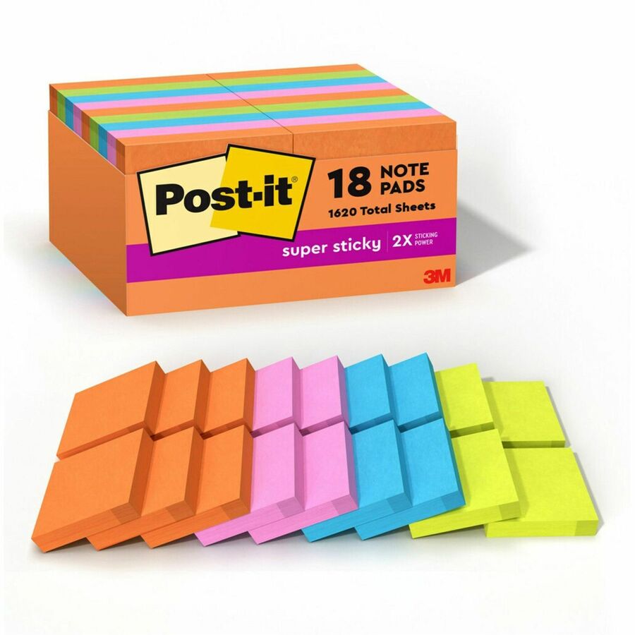 Post-it®, Super Sticky Notes - Energy Boost Color Collection - 2" Flag/Note Width x 2" Flag/Note Length - Square - 90 Sheets per Pad - Multicolor - Paper - Super Sticky, Adhesive, Recyclable, Residue-free - 18 / Pack