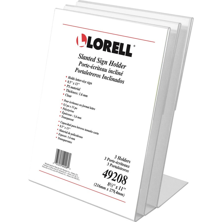 Lorell L-base Slanted Sign Holder Stand - Support 8.50" x 11" Media - Acrylic - Clear - 3 / Pack