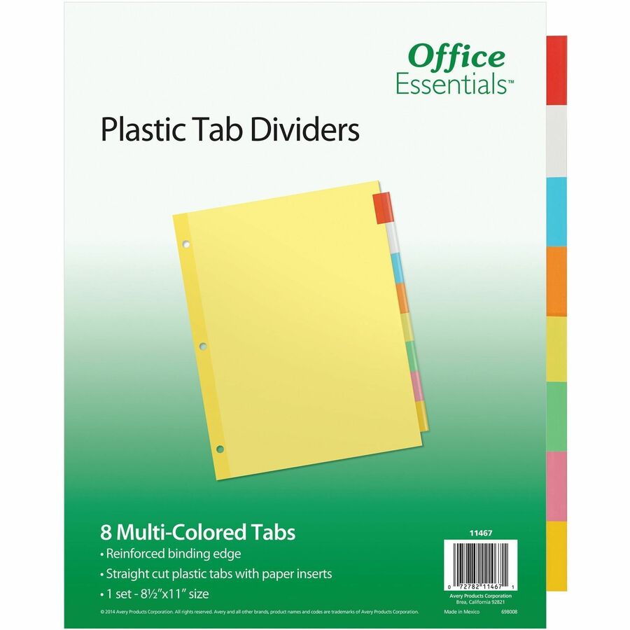 Avery®, Office Essentials Insertable Dividers - 8 x Divider(s) - 8 Tab(s) - 8 - 8 Tab(s)/Set - 8.5" Divider Width x 11" Divider Length - 3 Hole Punched - Buff Paper Divider - Multicolor Plastic Tab(s) - 30% Recycled - 8 / Set