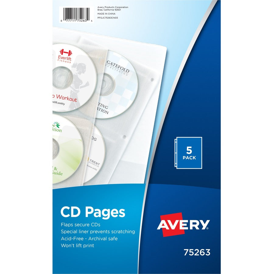 Avery®, CD Pages - 4 x CD/DVD Capacity - 3 x Holes - Ring Binder - Top Loading - Clear - Polypropylene - 5 / Pack