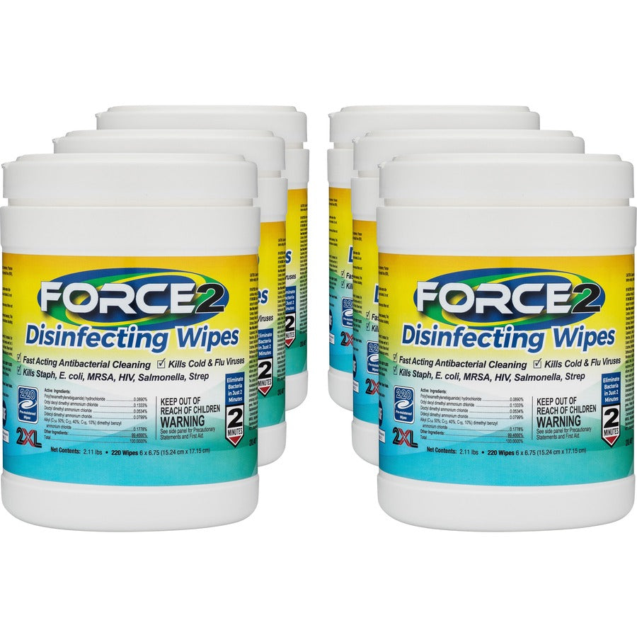 2XL FORCE2 Disinfecting Wipes - Wipe - 6.75" Length x 6" Width - Recommended For: Bacteria Remover, Virus Remover - Fast Acting, Non-toxic, Non-irritating, Pre-moistened, Alcohol-free, Phenol-free, Bleach-free, Ammonia-free - White - 220/Tub - 6 / Carton