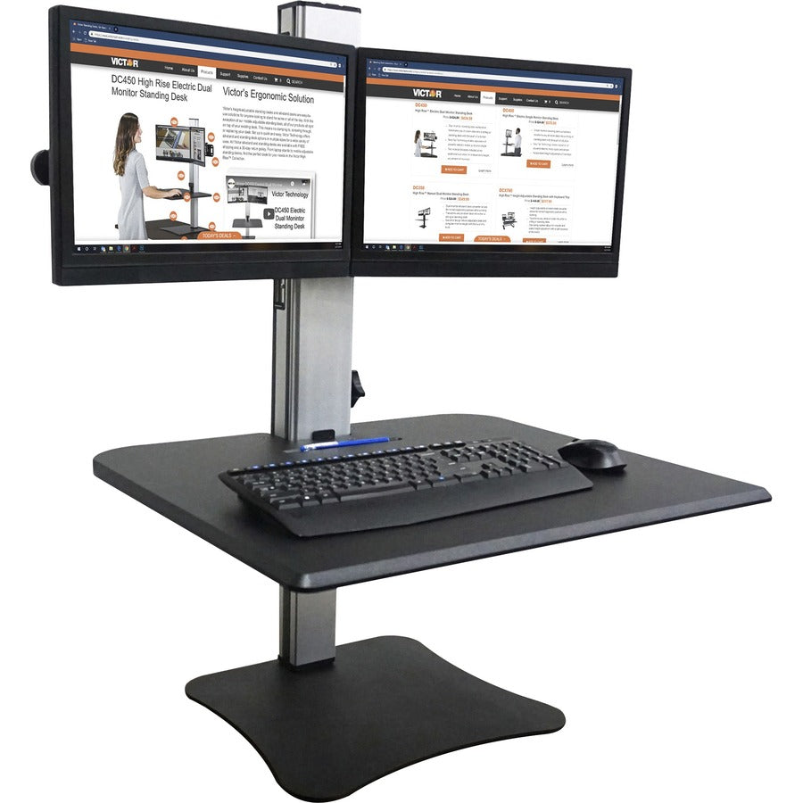 Victor DC350 Dual Monitor Sit-Stand Desk Converter - Up to 24" Screen Support - 25 lb Load Capacity - 20" Height x 28" Width x 23" Depth - Desktop, Tabletop - High Pressure Laminate (HPL) - Wood, Steel, Aluminum - Black, Aluminum - For Monitor, Keyboar...