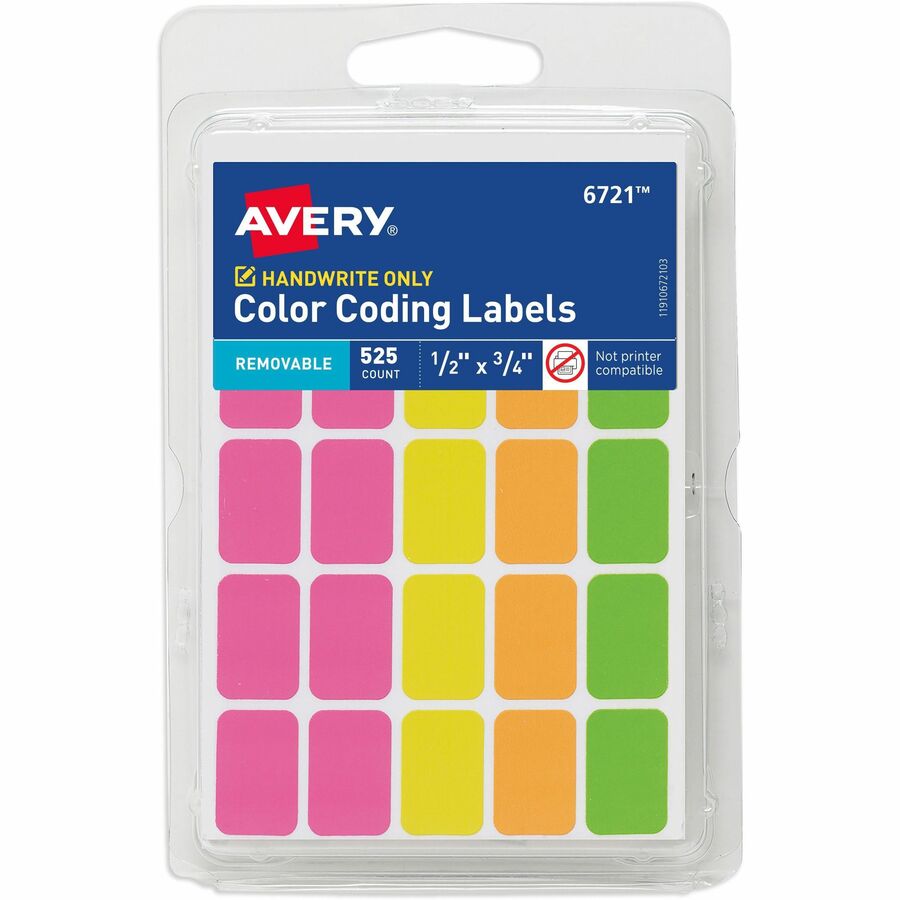 Avery®, Removable Labels, 1/2" x 3/4" , Neon, 525 Total (6721) - 3/4" Height x 1/2" Width x 3/4" Length - Removable Adhesive - Rectangle - Matte - Neon Pink, Neon Yellow, Neon Orange, Neon Green - Paper - 25 / Sheet - 21 Total Sheets - 525 Total Lab...