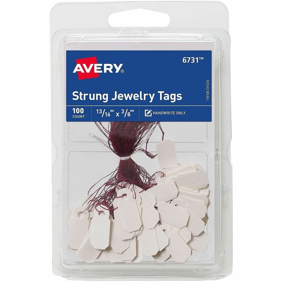 Avery®, Jewelry Tags, Strung, 13/16" x 3/8" , 100 Tags (6731) - 0.81" Length x 0.37" Width - Round - String Fastener - Card Stock, Rayon - White, Purple - 100/Pack - 1 Carton