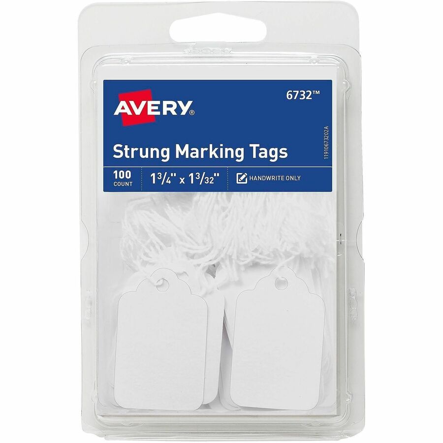 Avery®, Marking Tags, Strung, 1-3/4" x 1-3/32" , 100 Tags (6732) - 1.75" Length x 1.09" Width - Rectangular - String Fastener - Card Stock - White - 100/Pack - 1 Carton