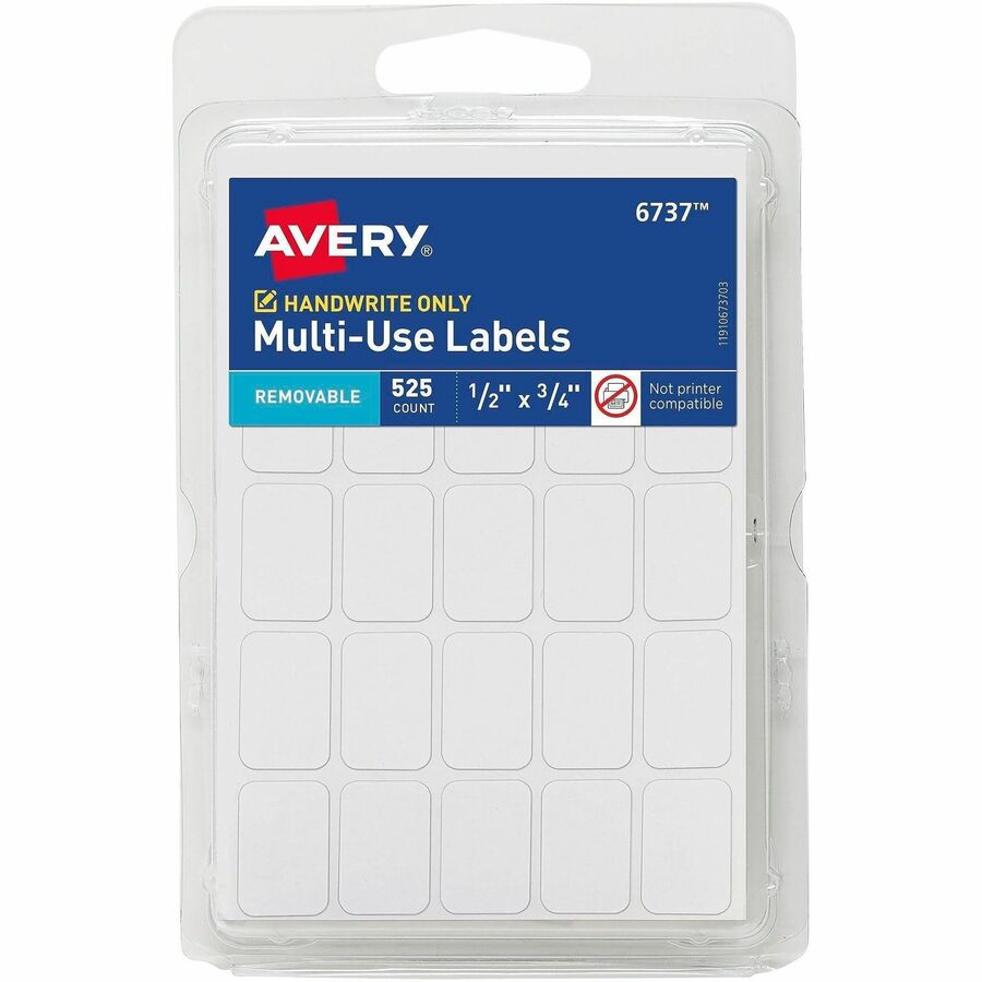 Avery®, White Multi-Use Labels - 1/2" Widthss x 3/4" Length - Removable Adhesive - Rectangle - White - Paper - 25 / Sheet - 756 Total Sheets - 18900 Total Label(s) - 525/Pack - 1 Carton