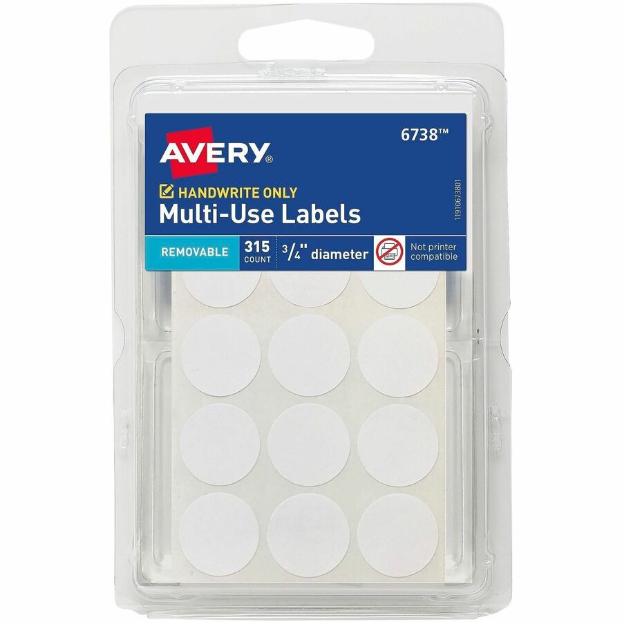 Avery®, Removable Multi-Use ID Labels on Small Sheets - Handwrite Only - 3/4" Diameter - Removable Adhesive - Round - White - Paper - 15 / Sheet - 21 Total Sheets - 11340 Total Label(s) - 315/Pack - 1 Carton