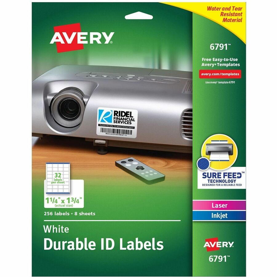 Avery®, Permanent Durable ID Labels with Sure Feed(R) Technology - 1 1/4" Height x 1 3/4" Width - Permanent Adhesive - Square - Laser, Inkjet - Matte - White - Film - 32 / Sheet - 8 Total Sheets - 1280 Total Label(s) - 1 Carton