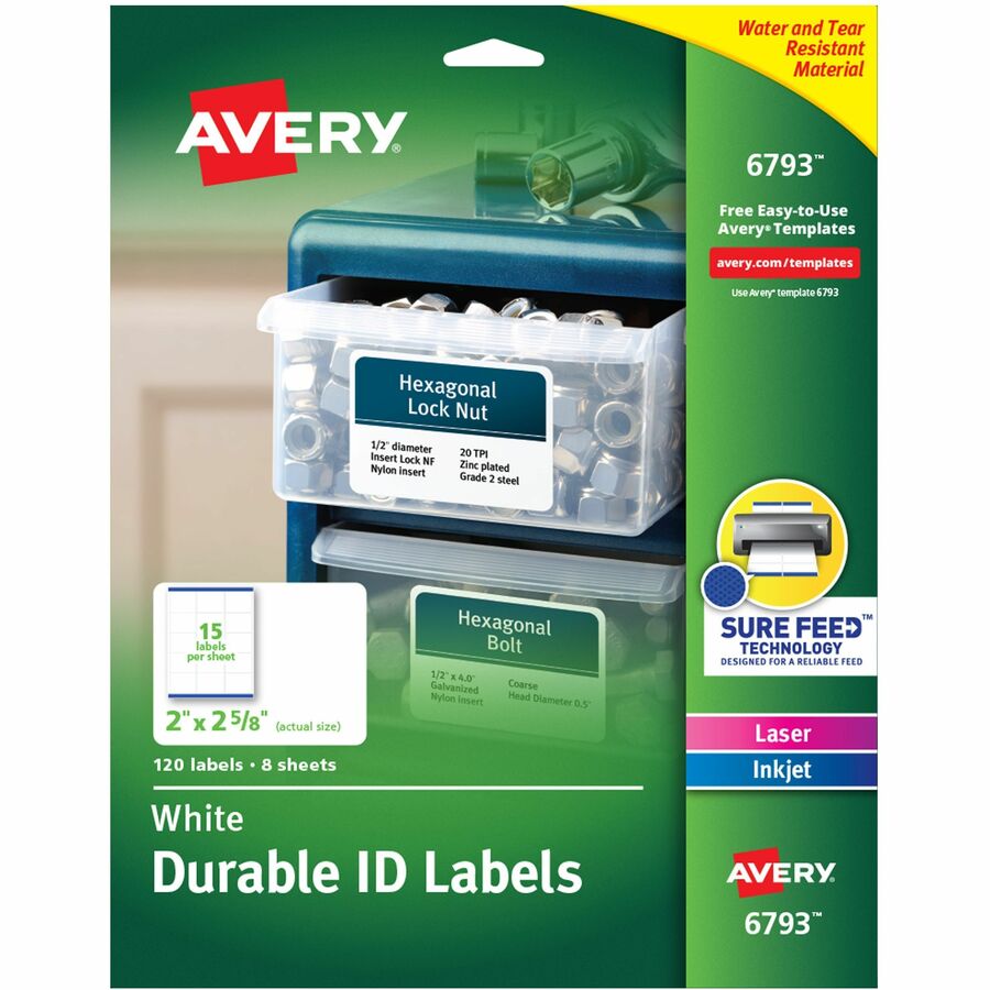 Avery®, Permanent Durable ID Labels with Sure Feed(R) Technology - 2" Height x 2 5/8" Width - Permanent Adhesive - Rectangle - Laser, Inkjet - Matte - White - Film - 15 / Sheet - 8 Total Sheets - 600 Total Label(s) - 1 Carton