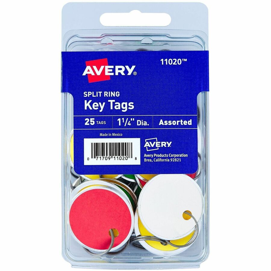 Avery®, 1-1/4" Key Tags, Split Ring, Assorted Colors, 25 Tags (11020) - 1.25" Diameter - Round - Metal Ring Fastener - Card Stock - Assorted - 36 / Carton