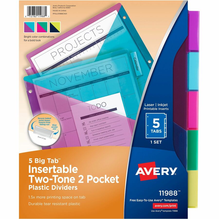 Avery®, Big Tab Tab Divider - 5 x Divider(s) - 5 - 5 Tab(s)/Set - 9.3" Divider Width x 11.13" Divider Length - 3 Hole Punched - Multicolor Plastic Divider - Multicolor Plastic Tab(s) - 24 / Carton