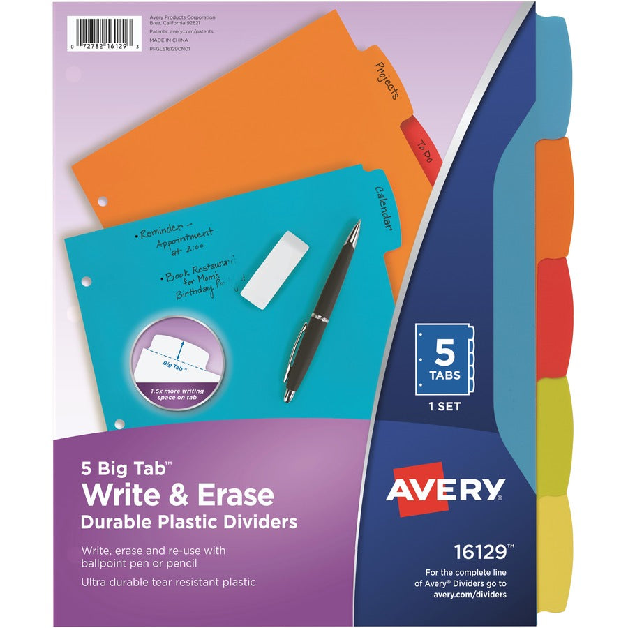 Avery®, Big Tab Write & Erase Durable Plastic Dividers - 5 x Divider(s) - 5 Write-on Tab(s) - 5 - 5 Tab(s)/Set - 8.5" Divider Width x 11" Divider Length - 3 Hole Punched - Multicolor Plastic Divider - Multicolor Plastic Tab(s) - Tear Resistant, PVC...