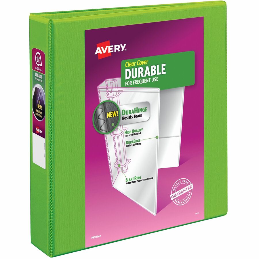 Avery®, Durable View 3 Ring Binder, 1.5" Slant Rings, 1 Chartreuse Binder (17835) - 1 1/2" Binder Capacity - Letter - 8 1/2" x 11" Sheet Size - 375 Sheet Capacity - 375 Ring - Fastener: Slant Ring - Pocket: 2 - Polypropylene - Adhesive, Durable, Fle...