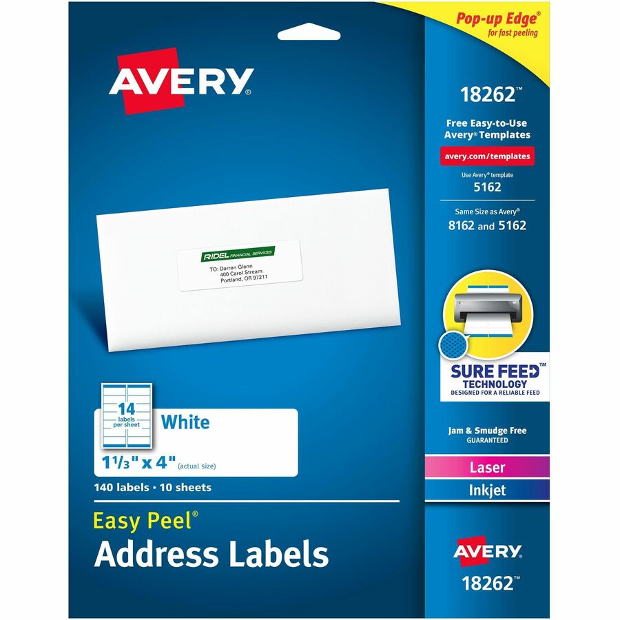 Avery®, Easy Peel Address Label - 1 21/64" Widthss x 4" Length - Permanent Adhesive - Rectangle - Inkjet, Laser - Matte White - Matte - Paper - 14 / Sheet - 14 Total Sheets - 140 Total Label(s) - 140/Pack - 1 Carton
