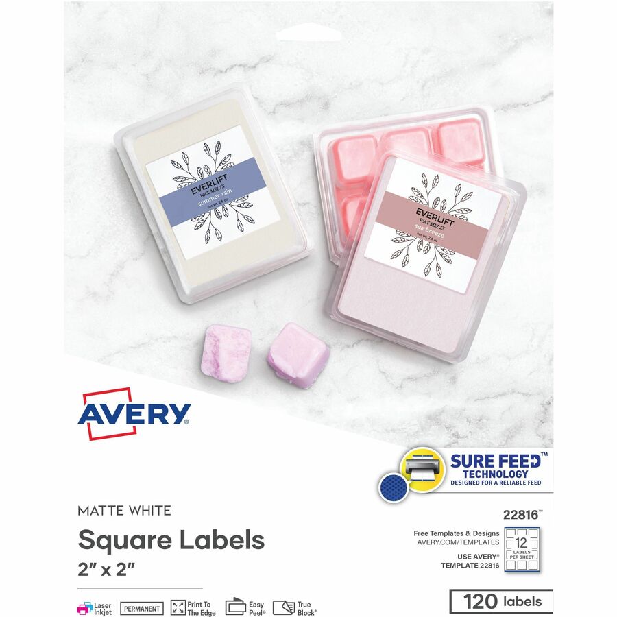 Avery®, Print-to-the-Edge Easy Peel Square Labels - - HeightPermanent Adhesive - Square - Laser, Inkjet - Matte - Matte White - Paper - 12 / Sheet - 50 Total Sheets - 600 Total Label(s) - 120/Pack - 1 Carton