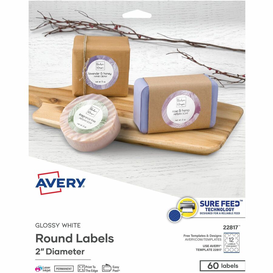 Avery®, Printable Round Labels , 2" , Glossy White, 60 Labels (22817) - x 2" Diameter - Permanent Adhesive - Round - Laser, Inkjet - Glossy - White - Paper - 12 / Sheet - 5 Total Sheets - 60 Total Label(s) - For Label Printer - 1 Carton