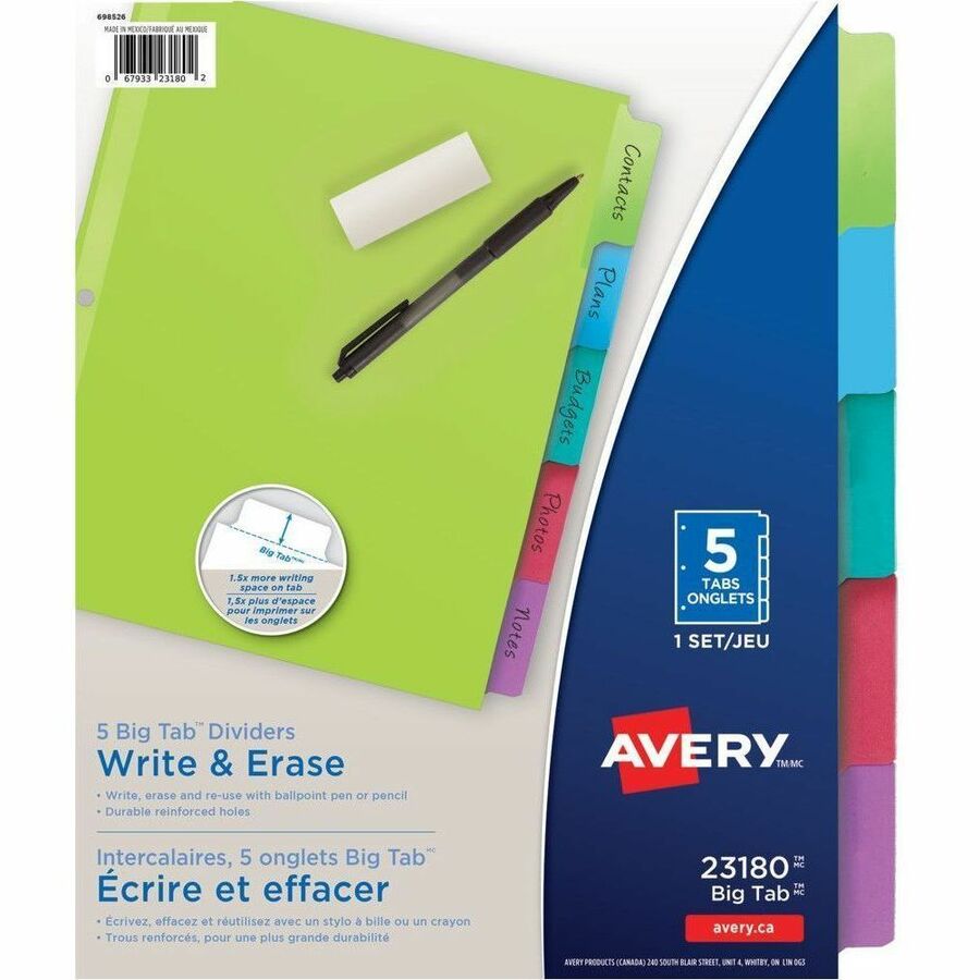 Avery®, Big Tab™, Write & Erase Dividers - 5 x Divider(s) - 5 Write-on Tab(s) - 5 Tab(s)/Set - 8.5" Divider Width x 11" Divider Length - Letter - 8.50" Width x 11" Length - 3 Hole Punched - Multicolor Paper Divider - Multicolor Paper Tab(s) - 0...