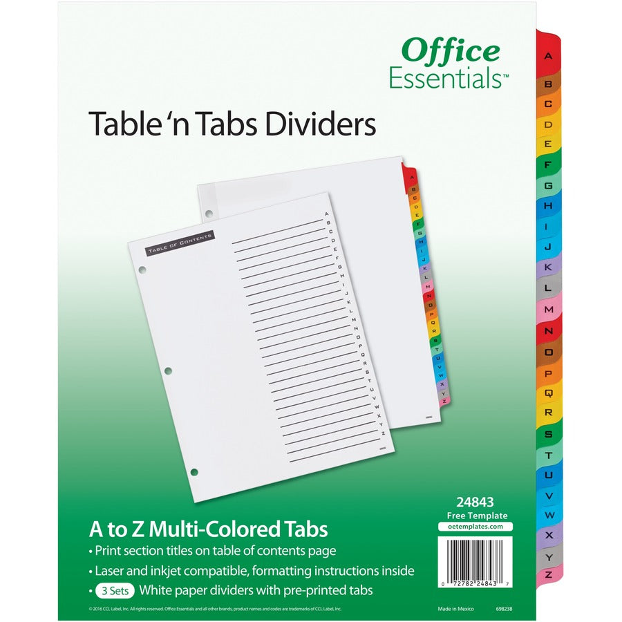 Avery®, Table 'n Tabs Multicolored Tab A-Z Dividers - 288 x Divider(s) - 288 Tab(s) - A-Z - 26 Tab(s)/Set - 8.5" Divider Width x 11" Divider Length - 3 Hole Punched - White Paper Divider - Multicolor Paper Tab(s) - 3/Pack - 1 Carton