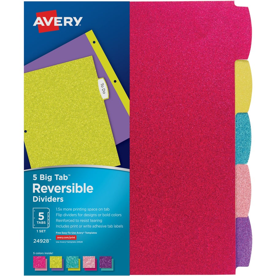 Avery®, Big Tab Reversible Fashion Dividers - 120 x Divider(s) - 120 Write-on Tab(s) - 5 - 5 Tab(s)/Set - 8.5" Divider Width x 11" Divider Length - 3 Hole Punched - Multicolor Paper Divider - Multicolor Paper Tab(s) - Hole-punched, Reversible, Print...