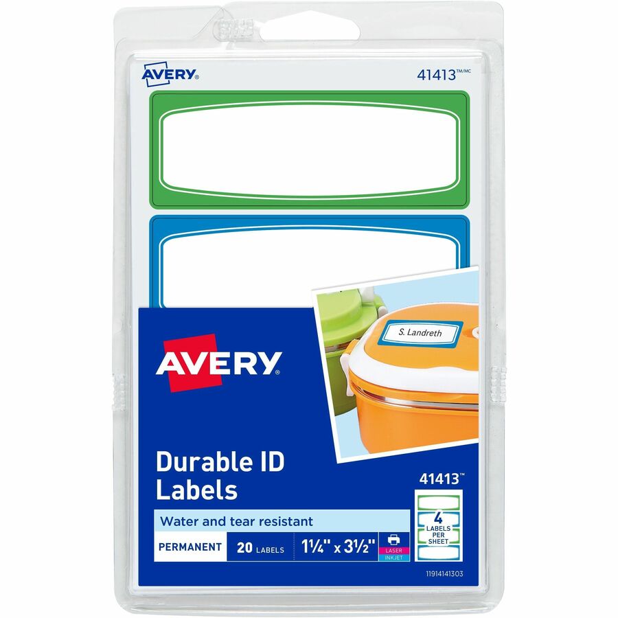 Avery®, Kids Gear Durable Labels - 3 1/2" Height x 1 1/4" Width x 3 1/2" Length - Permanent Adhesive - Rectangle - Inkjet, Laser - Matte - Matte - Blue, Green Border - Film - Water Resistant - 4 / Sheet - 4 Total Sheets - 20 Total Label(s) - 1 Carton