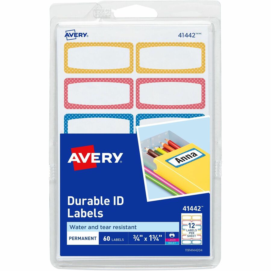 Avery®, Kids Gear Durable Labels - 3/4" Height x 3/4" Width x 1 3/4" Length - Permanent Adhesive - Rectangle - Inkjet, Laser - Matte - Matte - Blue, Orange, Yellow Border - Film - Water Resistant - 12 / Sheet - 12 Total Sheets - 60 Total Label(s)...