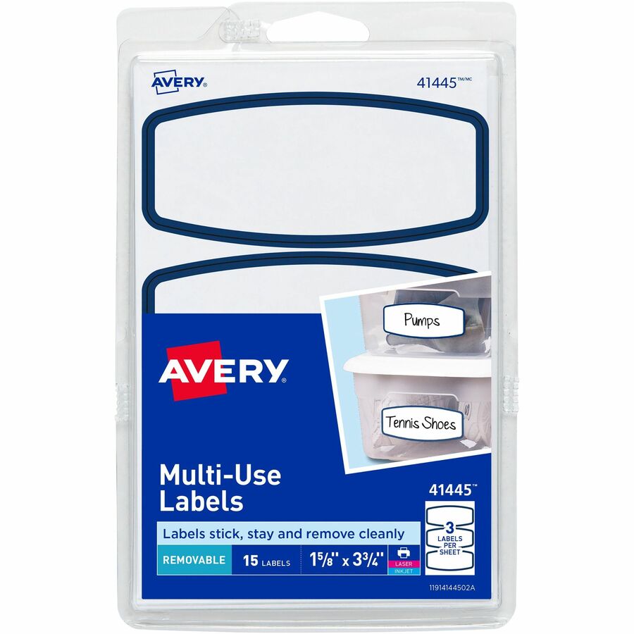 Avery®, Blue Border Removable Multi-Use Labels - - HeightRemovable Adhesive - Arched Rectangle - Laser, Inkjet - White, Blue - Paper - 3 / Sheet - 90 Total Sheets - 270 Total Label(s) - 1 Carton
