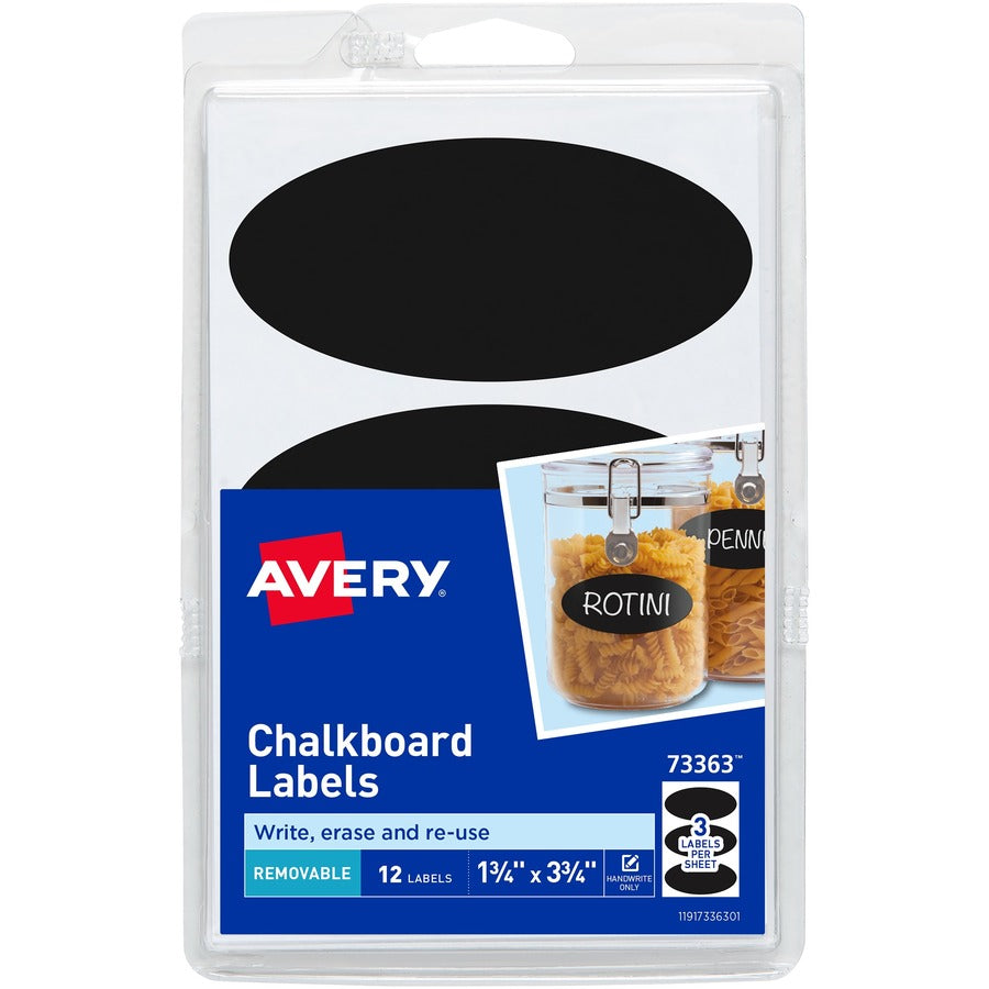Avery®, Removable Chalkboard Labels - - HeightRemovable Adhesive - Oval - Matte - Black - Plastic - 3 / Sheet - 72 Total Sheets - 216 Total Label(s) - 1 Carton