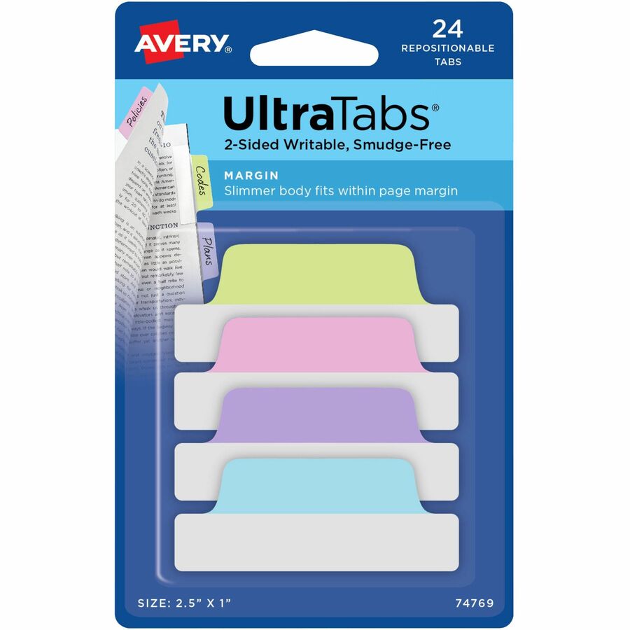 Avery®, Ultra Tabs File Tab - 24 Tab(s) - 1" Tab Height x 2.50" Tab Width - Removable - Clear Film, Pastel Blue Paper, Pastel Pink, Pastel Purple, Pastel Green Tab(s) - Sturdy, Durable, Double-sided, Writable, Smudge Resistant, PVC-free, Repositiona...