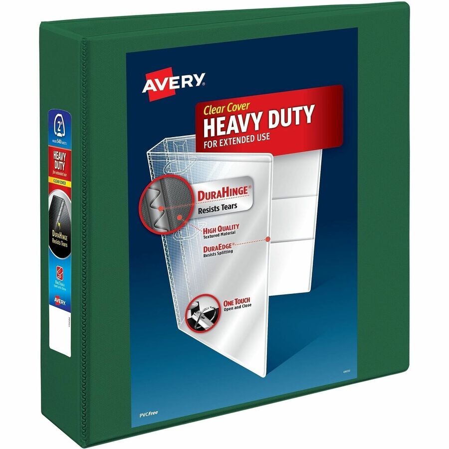 Avery®, DuraHinge Ring Binder - 2" Binder Capacity - Letter - 8 1/2" x 11" Sheet Size - 540 Sheet Capacity - 540 x 2" Ring - Fastener: Ring - Pocket: 4, Internal - Polypropylene - Green - Adhesive, Clear Overlay, Durable Hinge, Heavy Duty, Label Hol...