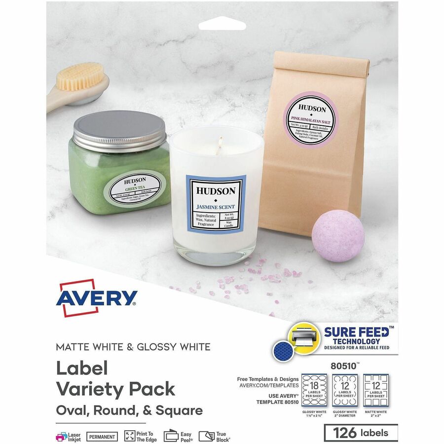 Avery®, Variety Pack Labels, Sure Feed, Assorted Shapes, 126 Labels (80510) - Permanent Adhesive - Round, Oval, Square - Laser, Inkjet - Matte - White - Paper - 14 / Sheet - 9 Total Sheets - 126 Total Label(s) - For Label Printer - 1 Carton