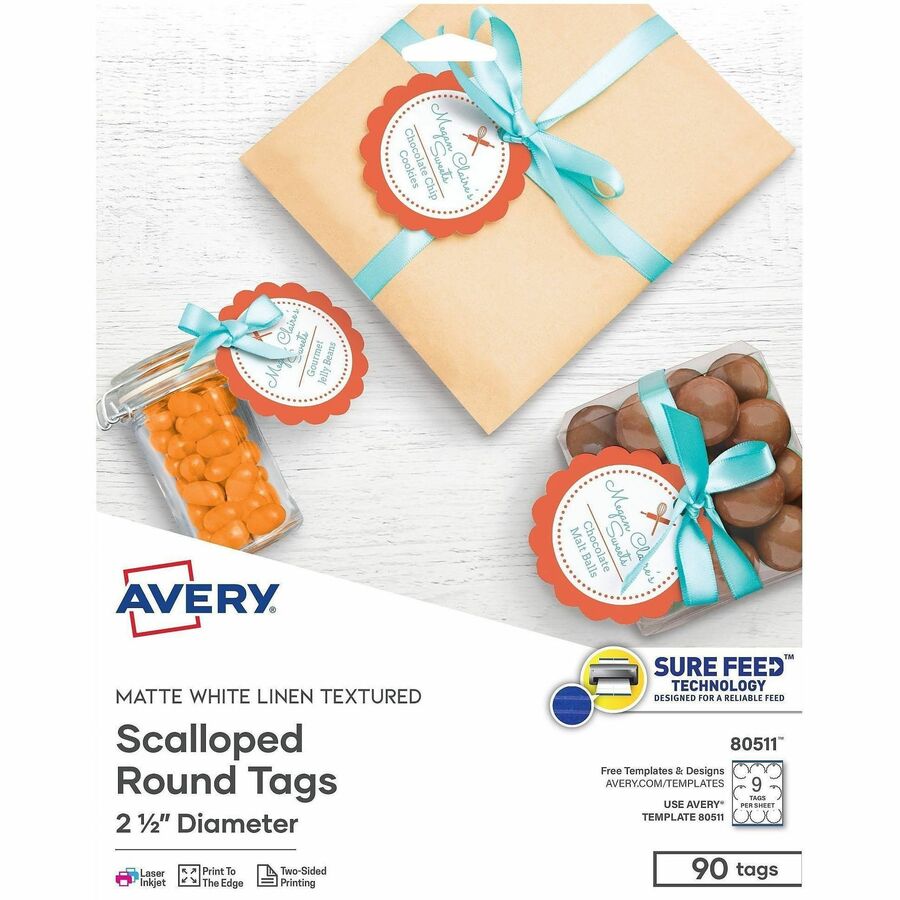 Avery®, Textured Round Scallop Tags - 2.50" Diameter - Round Scallop - Card Stock, Metal - White - 90/Pack - 1 Carton